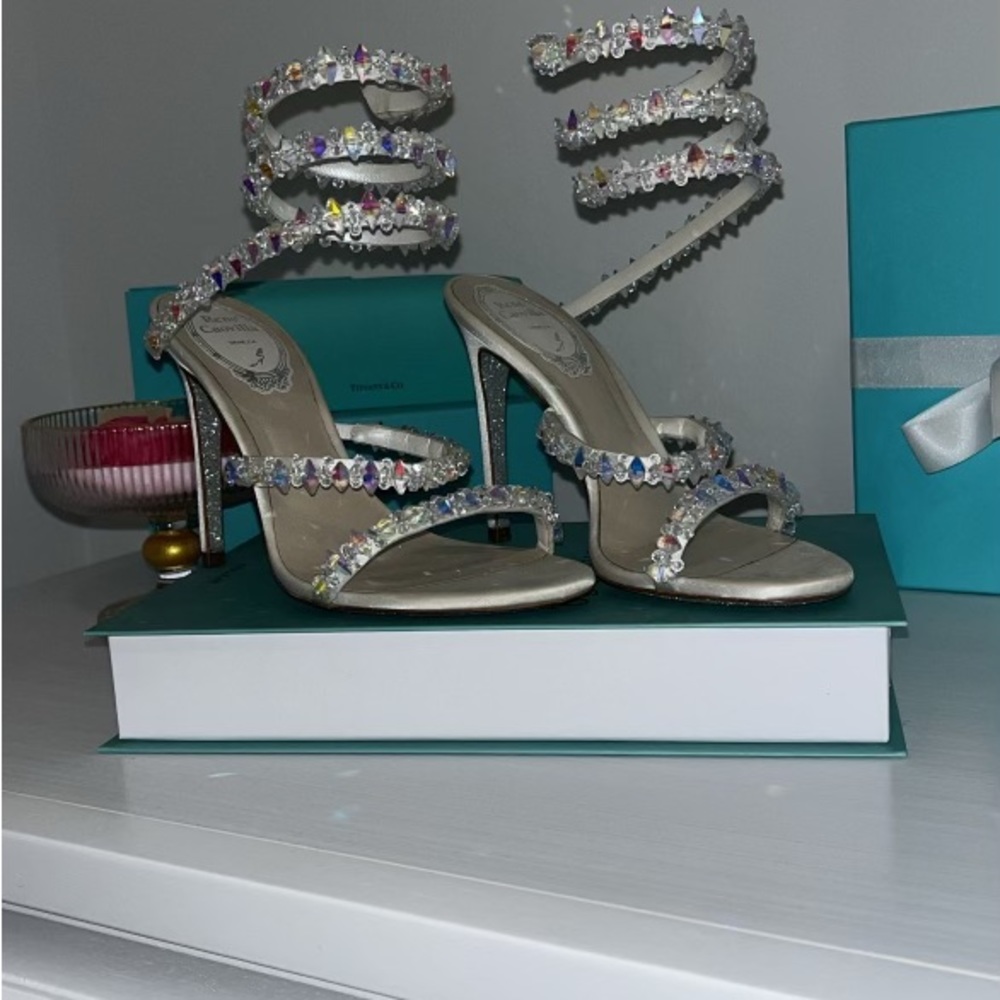 Rene Caovilla Cleo Satin Jewel Embellished Frozen Sandals 105mm White EU35.5